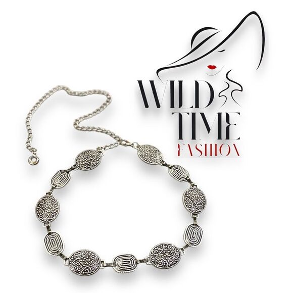 Silver Antique Geometric Metal Medallion Link Fashion Belt NEW - Picture 3 of 3